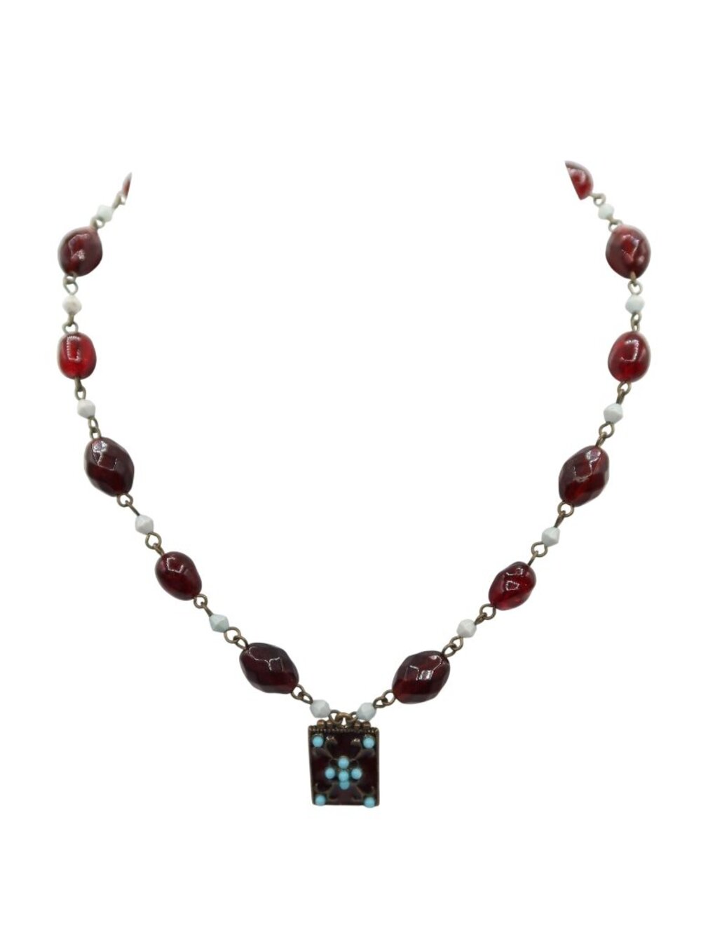 Deep Red & Turquoise Acrylic Beaded Enamel Pendant Necklace Silver Tone Dainty